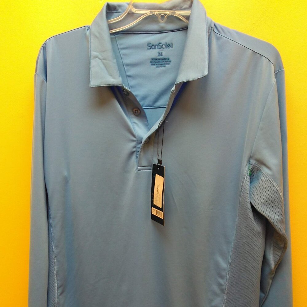 SanSoleil men's Polo UV 50+ Quarter button Pullover NWT M Palm Tree on sleeve